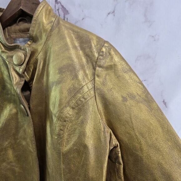 Vintage Leather Jacket Womens Medium Gold Crop Y2K Moto Glam Coated Metallic - Picture 5 of 6